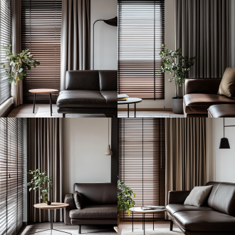 中古风客厅一角，单面落地窗在画面左侧，窗前棕色木质百叶窗拉满全窗。百叶帘前是浅灰色窗帘。画面右侧深色皮质沙发一角与米白色墙呼应，沙发旁边有角几，角几旁边落地灯。墙面点缀法式线条，有适当绿植，柔和自然光，浅暖色调，35mm镜头，近景拍摄，细腻质感，宁静优雅氛围