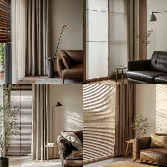 中古风客厅一角，单面落地窗在画面左侧，窗前棕色木质百叶窗拉满全窗。百叶帘前是浅灰色雪尼尔材质窗帘。画面右侧深色皮质沙发一角与米白色墙呼应，沙发旁边有角几，角几旁边落地灯。墙面点缀法式线条，有适当绿植，柔和自然光，浅暖色调，35mm镜头，以窗帘为主体，近景拍摄，细腻质感，宁静优雅氛围