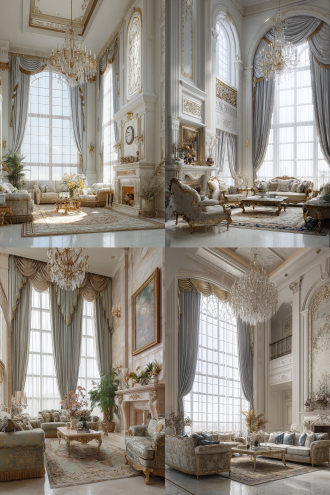 别墅客厅场景，法式风格，挑空高窗，素色金黄色配银灰色素色法式窗帘，有幔头。一层窗帘，窗帘金色穗边，一层绣花窗纱。双层吊顶，豪华水晶吊灯，镶金法式沙发组合，浅色地板，有地毯，有壁炉，有楼梯