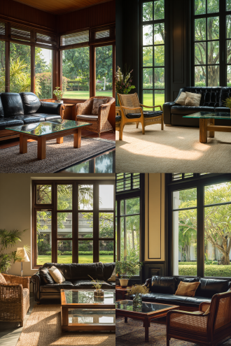 中古风客厅，全景构图，高窗外草坪花园，简洁线条背景墙，黑色皮质沙发与木色藤编单椅，玻璃茶几，地毯点缀，远景视角，自然光透过高窗，柔和阴影，暖色调，35mm镜头，高细节，宁静舒适氛围，木质纹理，柔和漫反射，复古与现代融合，低饱和度配色
