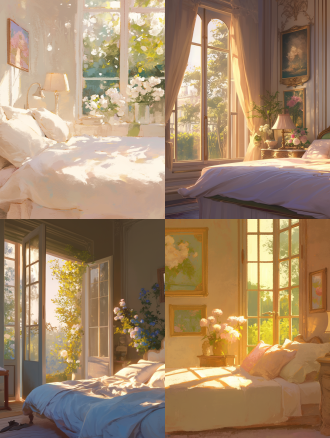 轻法式卧室，白色床品，单面落地窗，窗外花园景致，墙面点缀花朵主题油画，适当花艺点缀，柔和自然光，浅暖色调，35mm镜头，中景拍摄，细腻质感，自然梦幻氛围