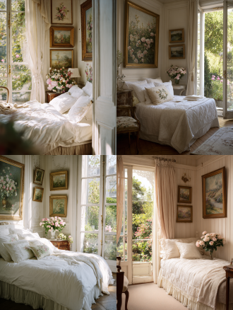 轻法式卧室，白色床品，单面落地窗，窗外花园景致，墙面点缀花朵主题油画，适当花艺点缀，柔和自然光，浅暖色调，35mm镜头，中景拍摄，细腻质感，自然梦幻氛围