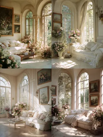 轻法式客厅，白色床品，拱形落地窗，窗外花园景致，墙面点缀花朵主题油画，适当花艺点缀，柔和自然光，浅暖色调，35mm镜头，中景拍摄，细腻质感，自然梦幻氛围