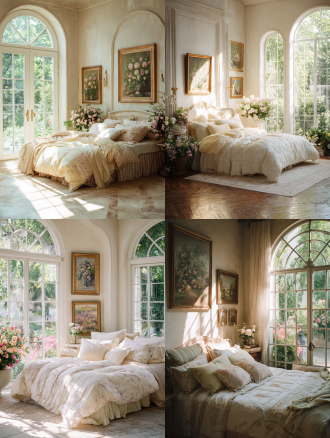 轻法式卧式，淡黄床品，拱形落地窗，窗外花园景致，墙面点缀花朵主题油画，适当花艺点缀，柔和自然光，窗户照进室内，浅暖色调，35mm镜头，中景拍摄，细腻质感，自然梦幻氛围