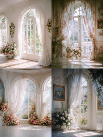 轻法式空间，白色，拱形窗，白色法式梦幻窗纱，窗外花园景致，墙面点缀花朵主题油画，适当花艺点缀，柔和自然光，窗户照进室内，浅暖色调，35mm镜头，中景拍摄，细腻质感，自然梦幻氛围