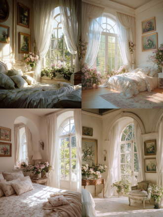 轻法式卧室，拱形窗，白色法式梦幻窗纱，窗外花园景致，墙面点缀花朵主题油画，适当花艺点缀，柔和自然光，窗户照进室内，浅暖色调，35mm镜头，中景拍摄，细腻质感，自然梦幻氛围