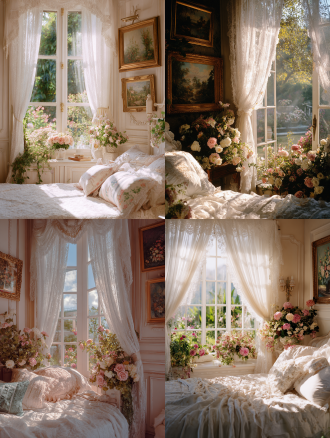 轻法式卧室，有窗户，白色法式蕾丝边窗纱，窗外花园景致，墙面点缀花朵主题油画，适当花艺点缀，晴天早晨阳光，窗户照进室内，暖色调，35mm镜头，中景拍摄，细腻质感，自然梦幻氛围