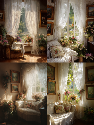 轻法式客厅一角，有窗户，白色法式蕾丝边窗纱，适当花艺点缀，窗外花园景致，墙面点缀花朵主题油画，晴天早晨阳光，窗户照进室内，暖色调，中景拍摄，自然梦幻氛围