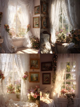 轻法式卧室一角，有窗户，白色法式蕾丝边窗纱，适当花艺点缀，窗外花园景致，墙面点缀花朵主题油画，晴天早晨阳光，窗户照进室内，暖色调，中景拍摄，自然梦幻少女感氛围