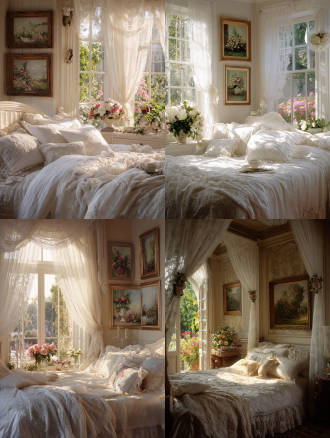 轻法式卧室，白色蕾丝床品，有窗户，白色法式蕾丝边窗纱幔头，适当花艺点缀，窗外花园景致，墙面点缀花朵主题油画，晴天早晨阳光，窗户照进室内，暖色调，中景拍摄，自然梦幻少女感氛围