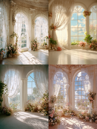 轻法式场景，淡色蕾丝窗纱，落地圆弧大窗户，白色法式蕾丝边窗纱幔头，适当花艺点缀，窗外花园景致，简单线条，阳光明媚，有一束光突破云层，从窗户照进室内，暖色调，中景拍摄，自然梦幻精灵感氛围