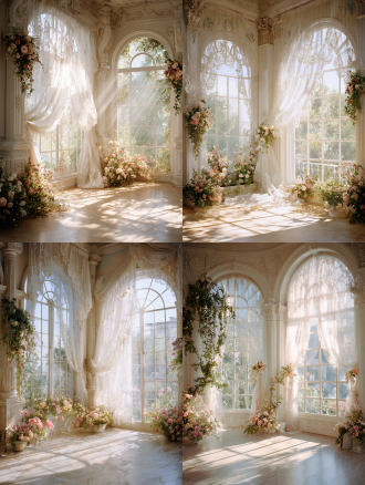 轻法式场景，淡色蕾丝窗纱，落地圆弧大窗户，白色法式蕾丝边窗纱幔头，适当花艺点缀，窗外花园景致，简单线条，阳光明媚，有一束光突破云层，从窗户照进室内，暖色调，中景拍摄，自然梦幻精灵感氛围