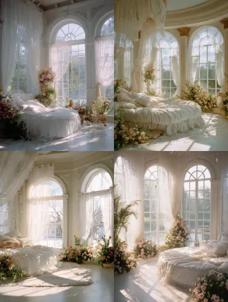 轻法式场景，淡色蕾丝窗纱，落地圆弧大窗户，白色法式蕾丝边窗纱幔头，圆床，白色床品，有蕾丝窗幔，适当花艺点缀，窗外花园景致，简单线条，阳光明媚，有一束光突破云层，从窗户照进室内，暖色调，中景拍摄，自然梦幻精灵感氛围