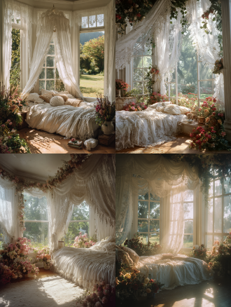 梦幻法式卧室场景，蕾丝窗纱，落地大窗户，白色法式蕾丝边床幔，适当花艺点缀，窗外草坪花园，法式线条，阳光明媚，有一束光突破云层，从窗户照进室内，暖色调，中景拍摄，自然梦幻精灵感氛围