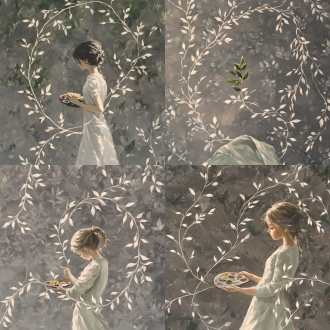 油画小叶子，微风吹拂的森林边缘，金色阳光透过树叶斑驳洒落，少女身穿淡绿色长裙，手捧油画调色板，神情专注，细腻笔触描绘树叶，写实油画风格，明亮色彩，柔光，浅景深，85mm定焦镜头，温暖色调，宁静氛围，艺术感，自然光。