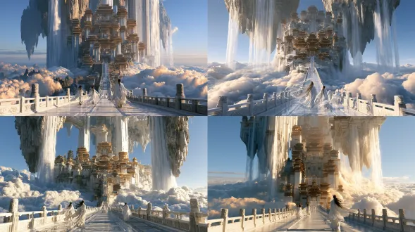 looking up at a colossal floating celestial palace supported by giant white jade pillarswith waterfalls cascading down their sides like inverted mountains, clusters ofgolden-roofed multi-tiered palace halls risingalong a central axis, a wide white marbleavenue in the foreground extending up toward the palace with carved stone balustradeson both sides, several white-robed immortals strolling on the bridge with flowing hairand robes caught in the wind, rolling cloud waves like mountains under a clear blue sky,soft golden morning light on the architecture, magnificent and ethereal, chinese mythology,epic fantasy matte painting, ultra detailed, 8k