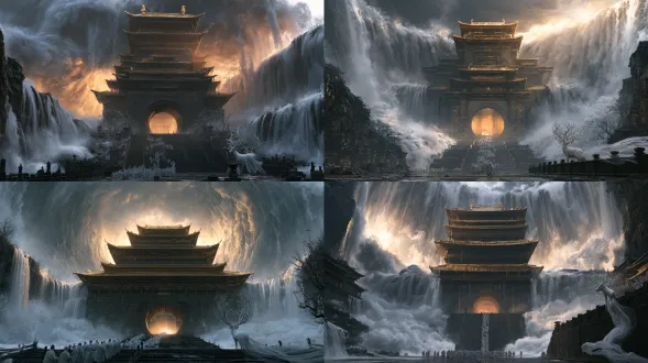 epic frontal view of a multi-tiered golden-roofed palace gate tower standingat thecenter with a circular archway at its base glowing with warm light from within, behindit a sky-covering colossal wave wall and waterfall cluster pressing down like anapocalyptic flood, in the foreground a procession ofwhite-robed pilgrims ascendingthe long stone stairs, an elegant white sacred deerstanding at the edge ofthe stairswith branching coral-like antlers and gauzy trailing tail fur, waterfalls splashing andgolden light piercing the clouds, cold grey colliding with gilded gold, majesticoverwhelming scale, chinese mythology, cinematicfantasy matte painting,