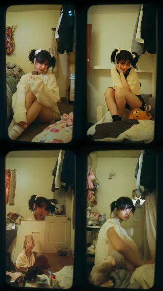 手机拍摄，全身视角图片中的女孩，黑色短发加小辫子，右边有奶油色迷你丝带，在衣服还没穿好场景在寝室里里，脸上带着羞涩的神情，空身感觉凸显构图略显混乱，现平庸日常快照风格。随机表情动作搭配组合。比例9:16。#ai