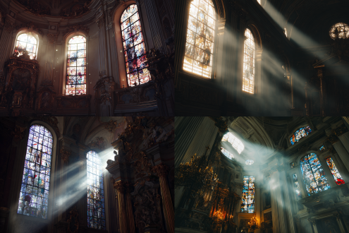 教堂内部，彩绘玻璃窗透出体积光神圣光束，空气中悬浮空灵光粒子，戏剧性明暗对比光线，巴洛克建筑，超高细节，8k分辨率