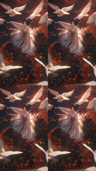 traditional chinese anime poster, looking from a bird's-eye view, black-haired girl in a white long dress, deeply affectionate and gentle, dramatic backlighting, chinese style fantasy, 8k resolution, high resolution, high detail, high definition, cinematic lighting effects, 3d rendering, oc rendering, 16k, 24k.