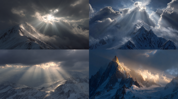 大师级获奖摄影作品，宽幅风景拍摄，丁达尔光，特写凸出耀眼光束通过厚重的云层照射在雪山顶上，雪山顶被染成了金色，非常威严，神圣感拉满，超震撼细节，8k渲染，1080p超清，超清画质