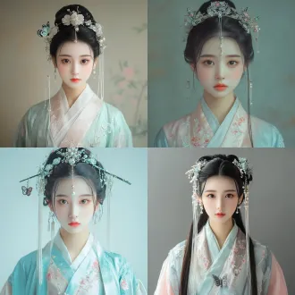 qq人，漳州布袋木偶戏旦角少女，精细笔触，细腻质感，柔和浅色系主调（清浅天蓝、淡薄荷绿、柔雾浅粉、奶白色），发型为精致双环垂髻搭配垂鬟分肖髻，缀以珍珠挑心、银鎏金蝴蝶步摇、玉兰花发钗、缠枝莲纹小发钿、细银链流苏耳坠，身着交领广袖短款齐胸襦裙，衣料带暗织缠枝花卉纹样，浅粉镶薄荷绿窄边衣缘，袖口绣细碎兰草纹样，整体造型精致柔美，层次细腻。