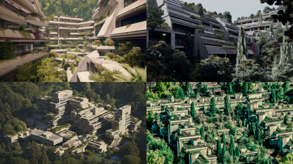 architecture 2022, a furturistic brutalist complex, ten by ten kilometers large, with lush gardens and forests between buildings, various unique architectural geometries and corners, photographed at noon, bright and clear