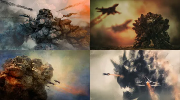 a monster composed of rocks, sharp, in the ancient battlefield amidst the roar of war, two jet fighter planes launch missiles at the monster. rembrandt light, presenting a perfect form and composition, realistic style, with a rich sense of atmosphere, realism, déjà vu, film grain texture, soft light and dark, overexposure, indigo and orange blur, fading, backlight aesthetics, darker shades deepen, brighter shades brighten, hdr effect, impressionism, visual creativity, blockbuster aesthetics, avant-garde art, masterpieces.