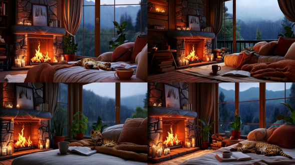 cozy rainy - night wooden bedroom, stone fireplace with fire, candles glowing, warm - toned bed with blankets, stacked pillows, steaming cup, leopard cat sleeping on open book, misty mountain view, potted plants, hyperrealistic