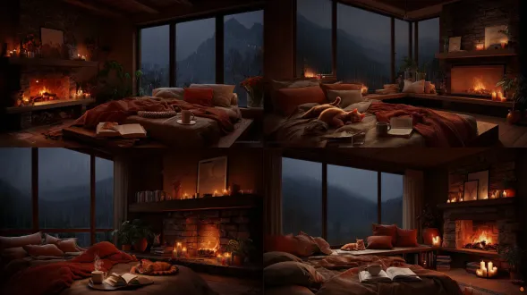 cozy rainy - night wooden bedroom, stone fireplace with fire, candles glowing, warm - toned bed with blankets, stacked pillows, steaming cup, leopard cat sleeping on open book, misty mountain view, potted plants, hyperrealistic