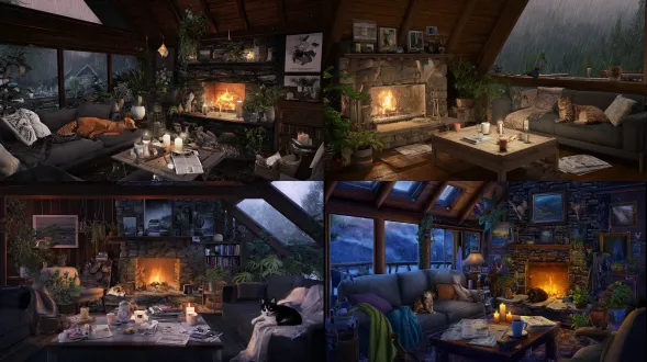 on a rainy night, in the living room of a mountain cabin, there is a sloping wooden roof, a stone fireplace with a blazing fire, a dark gray sofa with cushions, an ocelot, a german shepherd, coffee and newspapers on the coffee table, warm candles and firelight, misty mountain scenery, potted plants, and surreal photos.