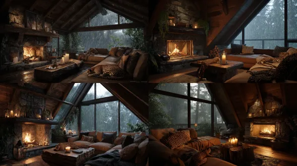 rainy night, forest cabin living room, slanted wooden roof, stone fireplace with roaring fire, light brown sofa with pillows, leopard cat, log coffee table, warm candle & firelight, misty forest view, cozy atmosphere, hyperrealistic