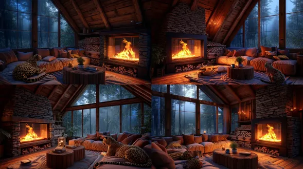 rainy night, forest cabin living room, slanted wooden roof, stone fireplace with roaring fire, light brown sofa with pillows, leopard cat, log coffee table, warm candle & firelight, misty forest view, cozy atmosphere, hyperrealistic