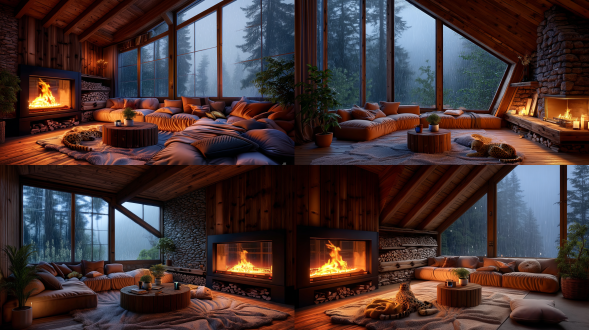 the living room of a cabin in the forest on a rainy night features a sloping wooden structure, a stone fireplace, a light brown modular sofa, a curled-up ocelot, a log coffee table (for plants/hot drinks), a plush carpet (for blankets/pillows), a large window with a rainy view (hazy forest/cold tones), warm candlelight, and a soothing, tranquil atmosphere with hyper-realistic light and shadow.