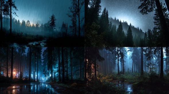 夜景，森林，雨景，全景照片