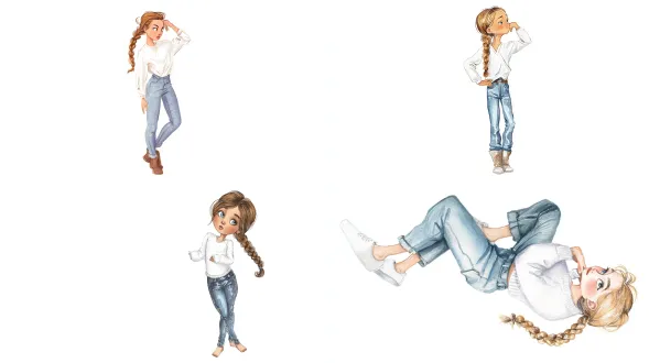 穿着白色衣服和牛仔裤的可爱女孩，麻花辫，看向一侧，有趣的面部表情，夸张的姿势，卡通插画，水彩画，白色背景，干净背景，4k