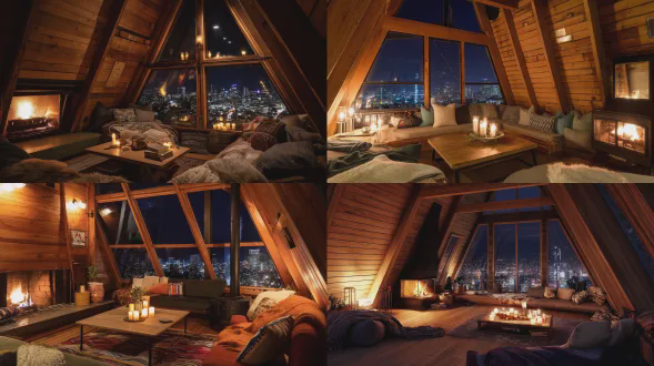 a cozy a-frame cabin interior at night, featuring wooden walls and ceiling beams, large triangular windows offering a cityscape view, a lit fireplace, comfortable seating with cushions and blankets, a coffee table with candles, and ambient lighting.