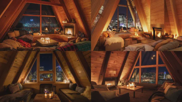 a cozy a-frame cabin interior at night, featuring wooden walls and ceiling beams, large triangular windows offering a cityscape view, a lit fireplace, comfortable seating with cushions and blankets, a coffee table with candles, and ambient lighting.