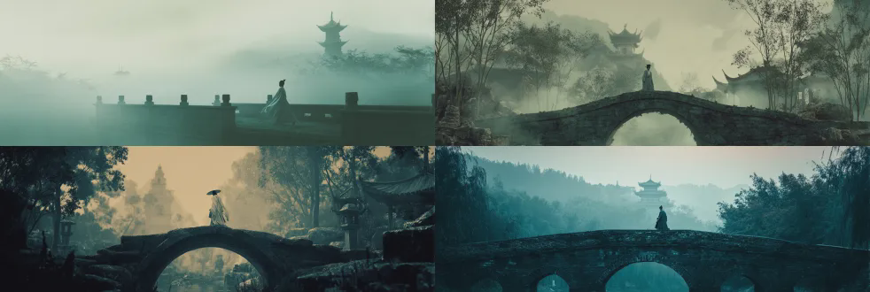 hu jinquan wuxia masterpiece: misty river valley at dawn, a small figure in grey robe walking across ancient stone bridge, ink-wash texture overlay, distant temple pagoda barely visible through fog, soft focus background with teal and sepia tones, cinematic stillness, hong kong film grain, 8k detailed
