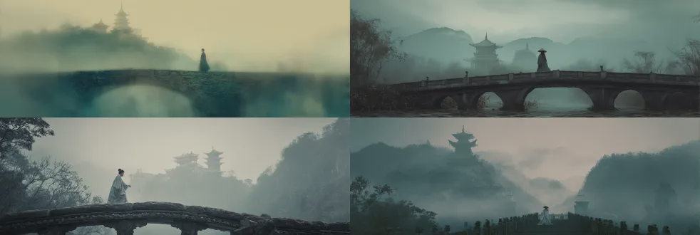 hu jinquan wuxia masterpiece: misty river valley at dawn, a small figure in grey robe walking across ancient stone bridge, ink-wash texture overlay, distant temple pagoda barely visible through fog, soft focus background with teal and sepia tones, cinematic stillness, hong kong film grain, 8k detailed