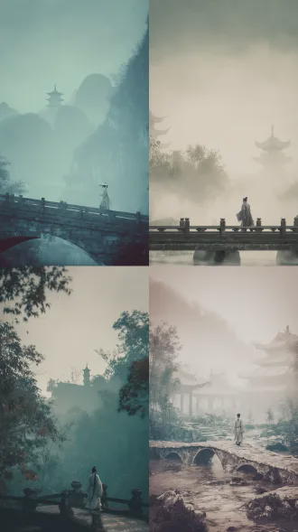 hu jinquan wuxia masterpiece: misty river valley at dawn, a small figure in grey robe walking across ancient stone bridge, ink-wash texture overlay, distant temple pagoda barely visible through fog, soft focus background with teal and sepia tones, cinematic stillness, hong kong film grain, 8k detailed