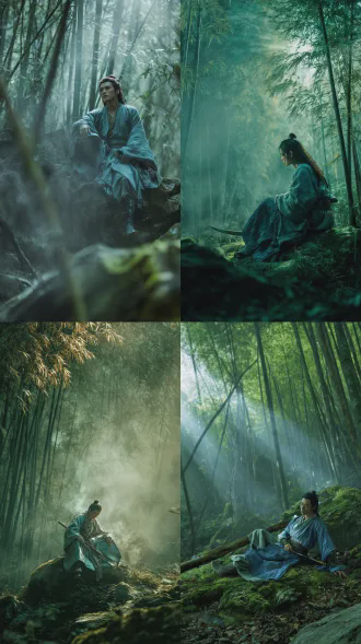 hu jinquan wuxia masterpiece: dawn light piercing through bamboo forest, a swordsman in tattered blue robe resting on mossy rock, dappled light and shadow, ethereal mist weaving through stalks, ink wash texture overlay, soft focus background with jade green and ochre tones, cinematic stillness, hong kong film grain, 8k detailed
