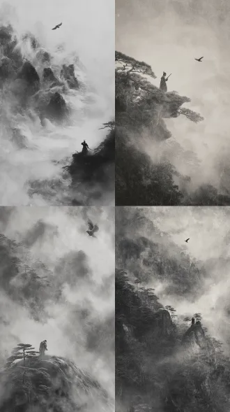 hu jinquan wuxia masterpiece: ancient pine forest on mountain ridge, a blindfolded warrior listening, swirling mist below, lone eagle circling above, ink wash texture overlay, soft focus background with charcoal grey and silver tones, cinematic stillness, hong kong film grain, 8k detailed