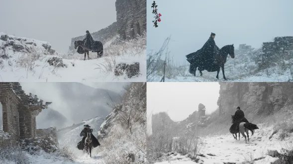 hu jinquan wuxia epic, ancient mountain pass in heavy snow, a lone rider on horseback traveling along ruined ancient road, broken城墙 extending into distance, black cape billowing in wind, horse lowering head against snowstorm, weathered stone tablets half buried in snow, withered grass trembling in wind, collapsed city gate silhouette, snow-covered mountains faintly visible through blizzard, white and grey-brown color palette, tragic and desolate atmosphere, vastness of heaven and earth, texture of weathered stone城墙, fluffy snow accumulation, heavy fabric of cape with natural drape, visible snow particles in air, cinematic composition, classical wuxia aesthetics, hong kong film grain, 8k detailed, photographic realism with ink wash texture