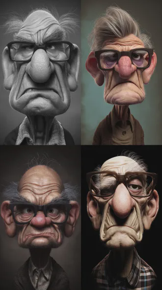 expressive caricature in pixar style unreal charming seemingly mischievous irritated very old man with deep wrinkles, wrinkles, glasses, portrait, cartoon art style trending on artstation, sharp focus, studio photo, intricate details, highly detailed, by greg rutkowski