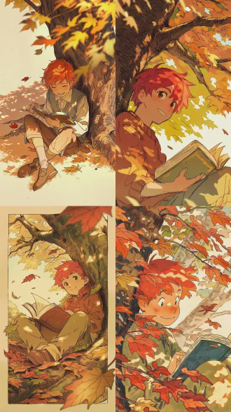 红卷发男孩树下读书，秋叶飘落，暖光斜照，温馨插画风格，软色调，细腻线条，广角镜头，柔焦效果，特写镜头，自然光，微笑表情，休闲姿态，童话氛围，怀旧色调，静谧情感，细节丰富，手绘质感，高饱和度，柔和阴影。