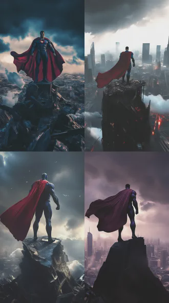 超人矗立于毁灭都市之巅，手持乌云，身披猩红斗篷，深蓝纹理西装与雕琢躯干，黑暗哥特式奇幻美学，仪式性姿态，对称构图，英雄式垂直取景，俯视视角，超写实，高对比度，电影级景深，强烈的轮廓光与戏剧性背光辉光，超精细纹理，鲜明的剪影分离。