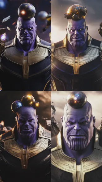 灭霸全身特写，紫色纹理皮肤，金色盔甲胸甲，镶嵌发光宝石的强化手套，黑暗战损盔甲，居中仪式姿态，头顶破碎行星碎片环绕，暗黑哥特奇幻美学，超精细纹理，强边缘光与戏剧性背光，锐利剪影分离，对称构图，英雄式垂直取景，俯视视角，超写实，高对比度，电影级景深，广角镜头，史诗感，威严。