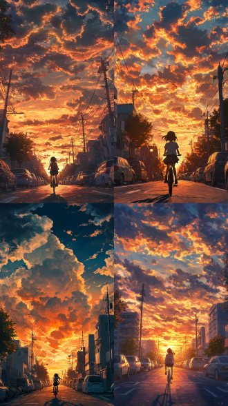 anime style, a girl rides a bicycle on an urban road at sunset. the sky is filled with clouds like burning fire, and the warm orange sunlight dyes the whole city street. the scene is tranquil and healing, with buildings and parked cars on both sides of the road, presenting a beautiful integration of noise and grandeur
