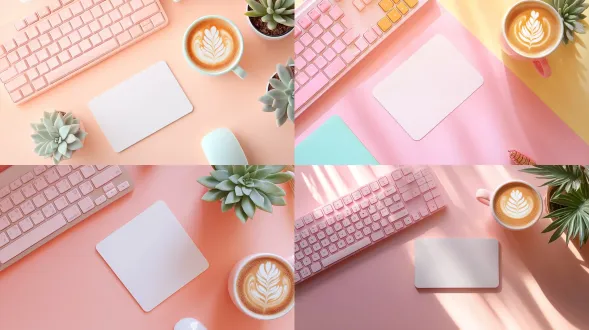 a cozy aesthetic desk setup background, featuring a pastel mechanical keyboard on the left, a cup of latte art on the right, and a small cute succulent plant. a blank pastel mousepad in the center leaving empty space for a product. warm morning sunlight from the window, kawaii style, soft and healing vibe, highly detailed, lifestyle photography, ample negative space.